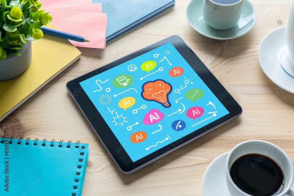 Aufkleber tablet showcasing ai driven applications in a modern workspace, highlighting the integration of arti