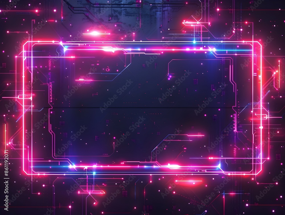 Aufkleber vibrant neon frame with glowing lines on dark futuristic background for tech and gaming concepts
