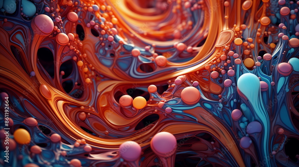 Aufkleber abstract blue fractal background with glowing lights and colorful bubble shapes