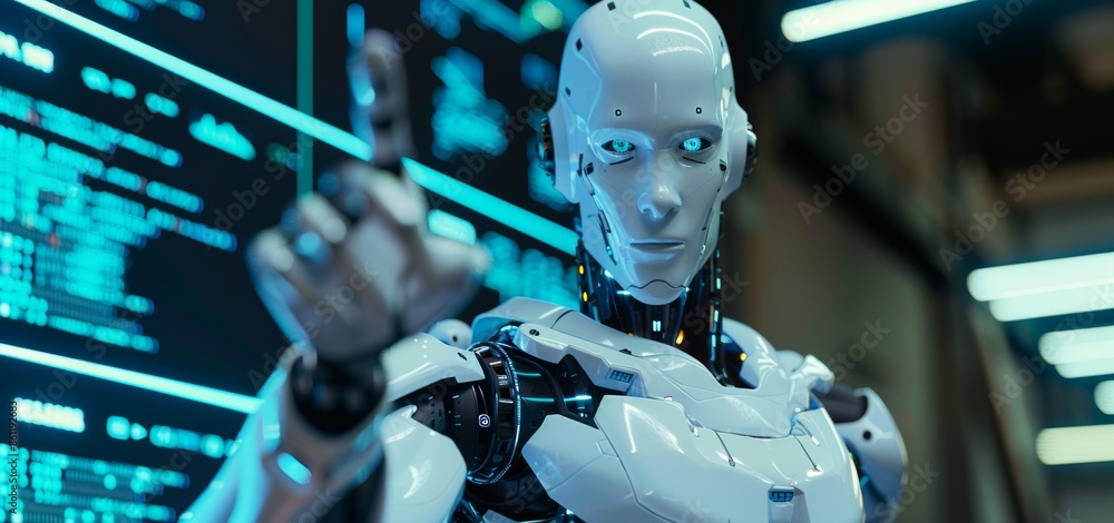 Poster future digital technology ai artificial intelligence automated 3d android robot pointing finger.