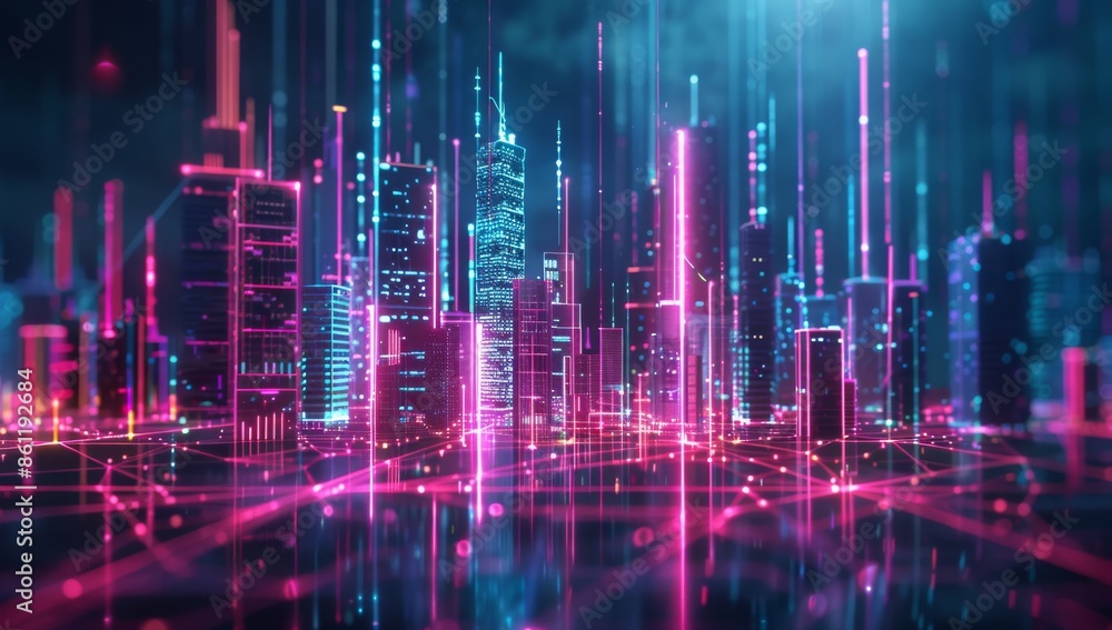 Aufkleber abstract red and blue background concept of a futuristic smart city in space, internet of things wir