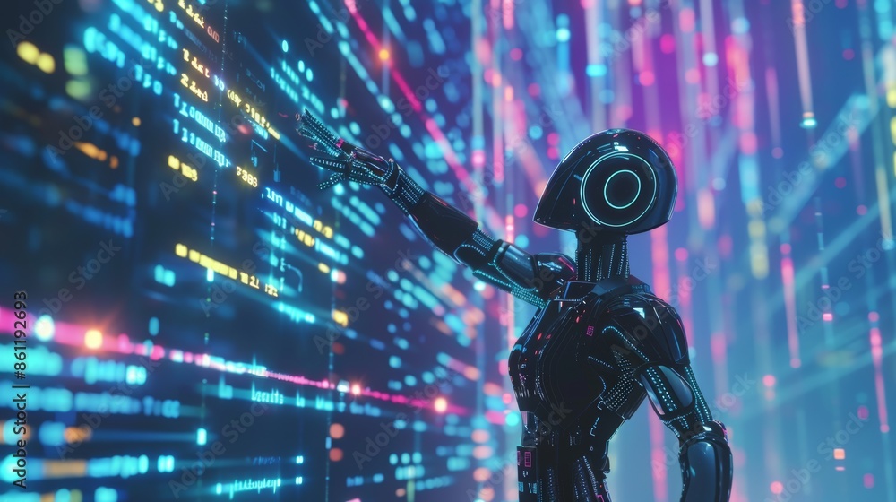 Poster in this hyper-connected digital smart world metaverse, digital marketing with 3d humanoid robots is 