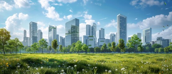 Obraz premium A conceptual illustration representing a green, green, and environmentally friendly city with vertical gardens and green plants on a clean, green, and zero emission city