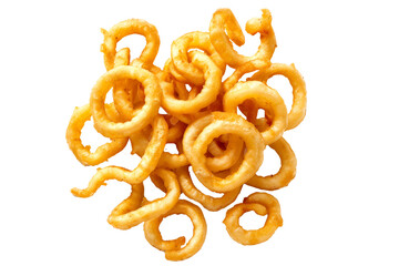 Fototapeta premium Crispy Curly French fries isolated on white transparent background, perfect for snacking, quick and tasty treat