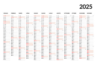 2025 Yearly Calendar - Italian Language, displaying all months from January to December, with days of the week and holidays highlighted, simple and clear design.