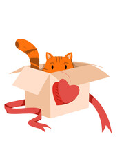 Adorable cat in cardboard present box illustration. Cartoon isolated funny pet hiding in gift box with red heart and ribbon, cute fluffy and amusing animal friend playing