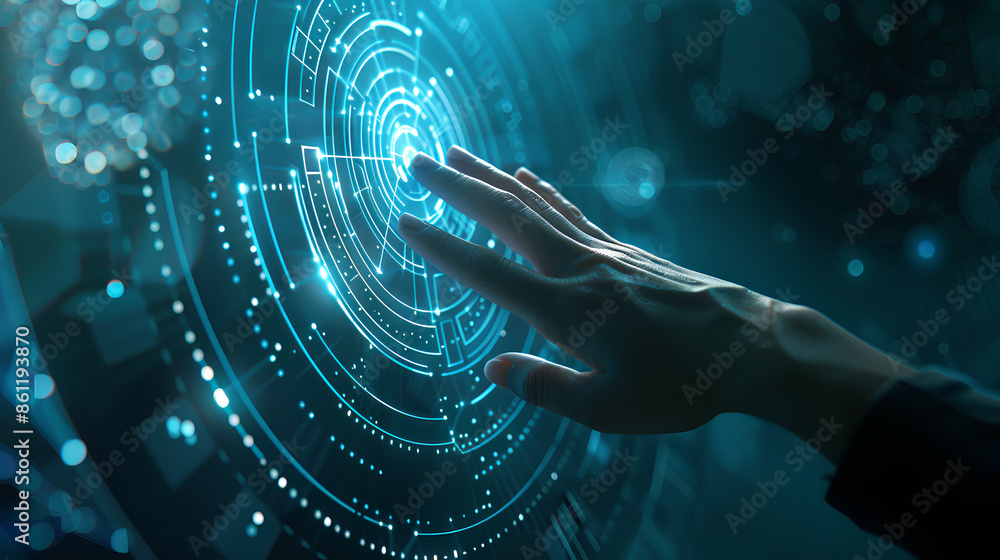Poster technology abstract background with person hand touching complex circular diagram on virtual screen 