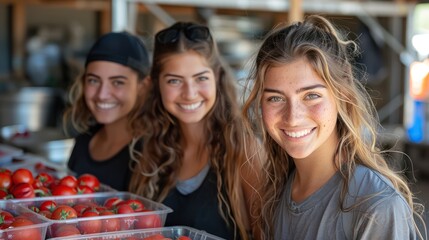 Fototapeta premium Friends volunteer together at a local shelter. To give back to society on Friendship Day
