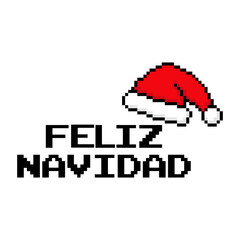 Tiempo de Navidad. Logo con mensaje Feliz Navidad en español con sombrero de Santa Claus estilo arcade con pixels para tarjetas y felicitaciones