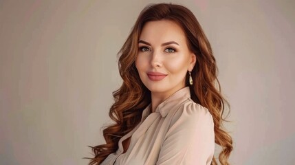 Fototapeta premium Portrait of a happy senior businesswoman looking at camera. Senior woman entrepreneur with her arms crossed standing against grey background.