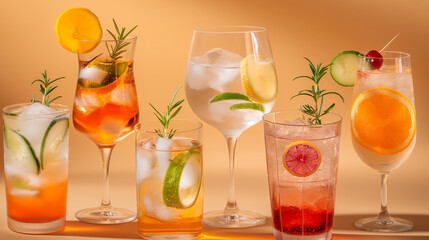 A row of glasses with various drinks in them, including a pink drink with a slice of lime