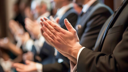 Hands of business professionals wearing suits clapping and applauding in appreciation during a formal corporate event conference or ceremony  Concept of and recognition