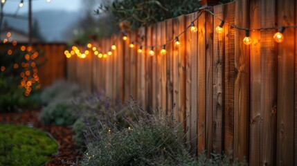 Cozy string lights wrapped around a wooden fence, perfect for an evening outdoor dinner party.