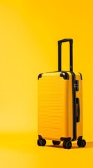 Yellow suitcase on yellow background. Holiday, trip, travel, journey concept.