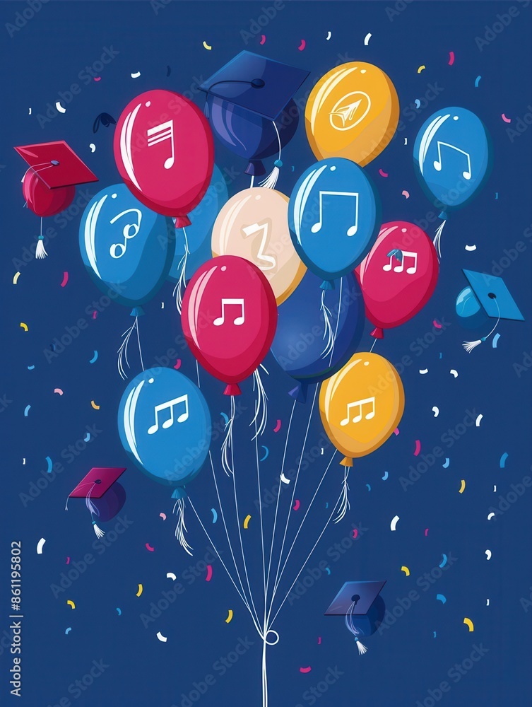 Poster a cluster of colorful balloons with music notes and graduation caps floating against a blue backgrou