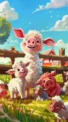 Fototapeta premium Happy Piglets and Sheep Enjoying the Farm