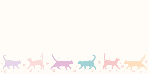 Cute colorful cat vector border with hand drawn kitten silhouettes and paws, seamless repeat