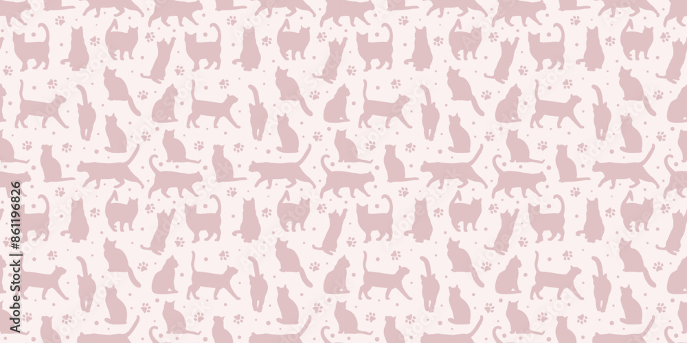 Poster pink cat vector pattern backgorund, cute pet wallpaper design seamless repeat