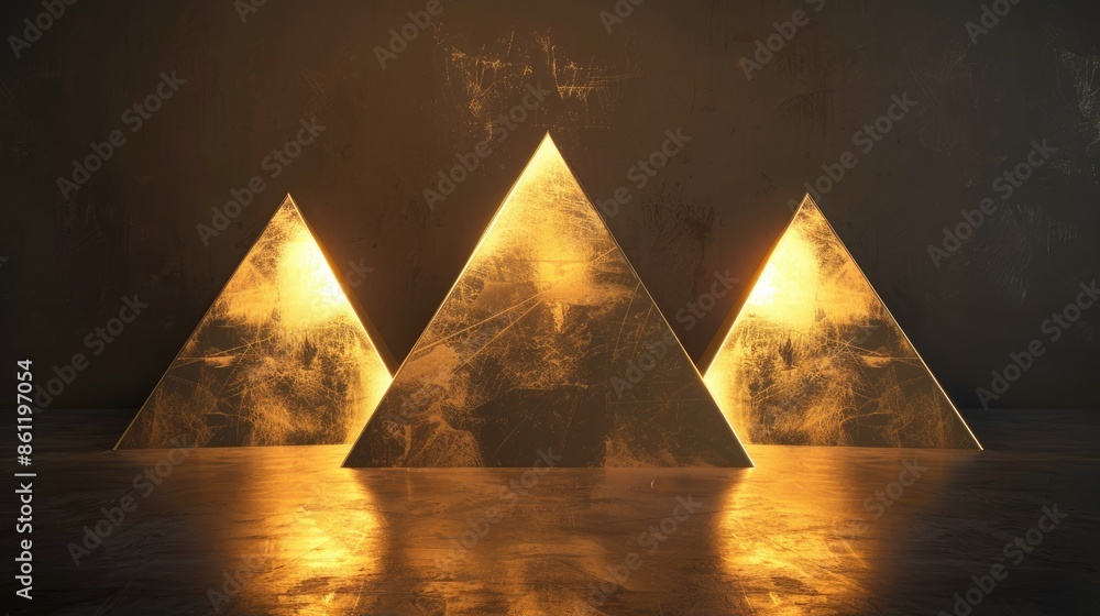 Poster render of three golden pyramids arranged in a triangle formation