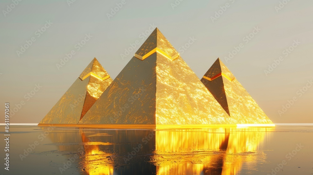 Poster render of three golden pyramids arranged in a triangle formation