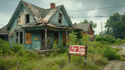 An empty, boarded-up house with a "For Sale" sign, representing urban blight.