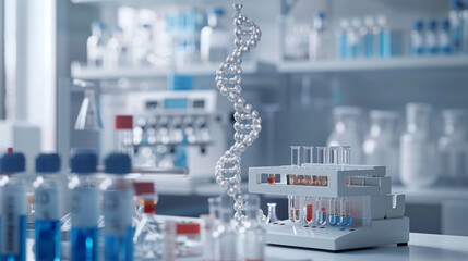 A DNA model stands in a sterile laboratory setting with beakers, test tubes, and other scientific equipment.
