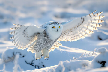 Snowy owl taking flight from snow covered ground