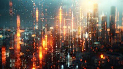 Abstract glowing big data forex candlestick chart overlaying a blurry city skyline