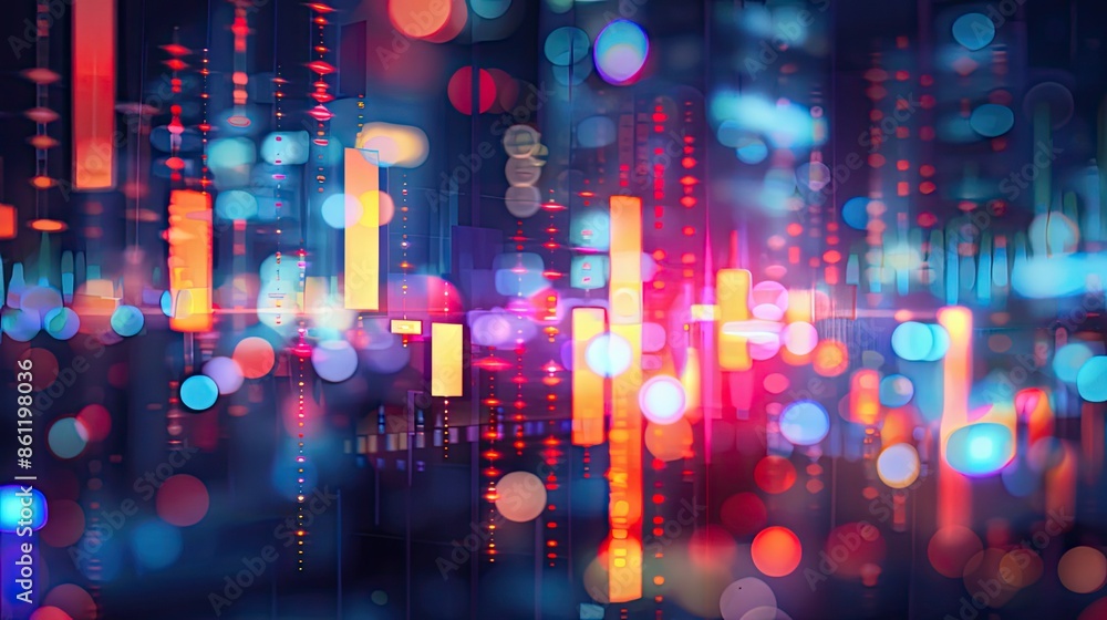 Poster abstract glowing candlestick chart with big data elements on a blurry city background