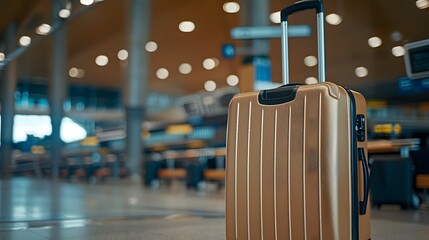 a Suitcase in Modern Airport Terminal, blurry background. 