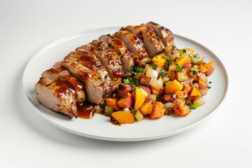 Carolina Pork Tenderloin with Peach BBQ Sauce and Crispy Sweet Potato Hash Browns on Skillet