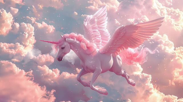 beautiful pink and white unicorn with wings flying in the sky surrounded by clouds, pastel colors, glittery stars, realistic and detailed.