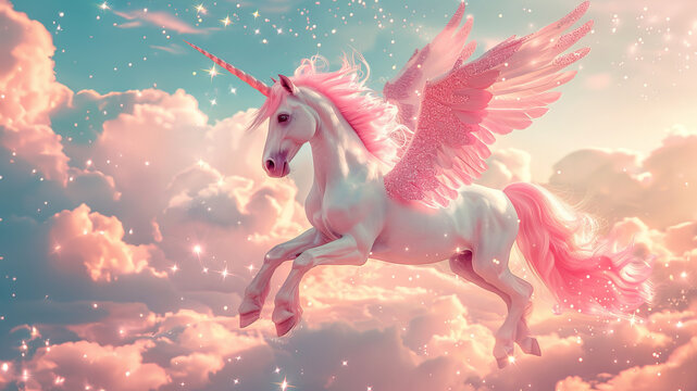 Pink and white unicorn with wings flying in the sky surrounded by clouds, pastel colors, glittery stars, realistic and detailed.