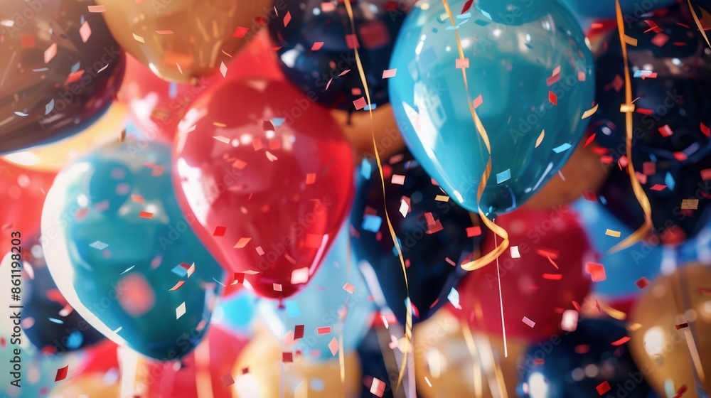 Poster a close-up image of colorful balloons and confetti raining down at a graduation party. generative ai