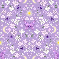 Magnolia floral print. Pink white magnolia flower background. Purple butterfly and Spider botanical garden. Celestial star moon sun crescent. Good for fabric, fashion design, textile, wallpaper.