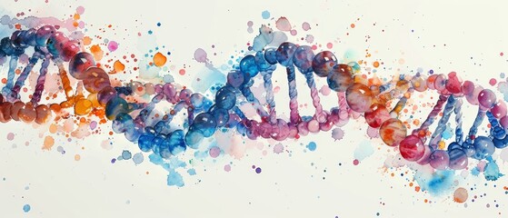 Colorful DNA double helix with watercolor splatter.