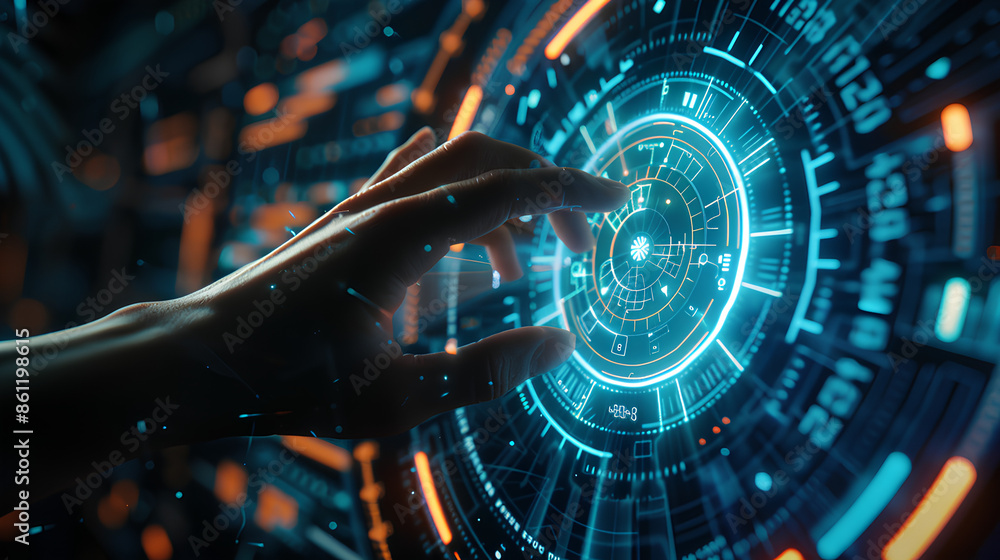 Poster technology abstract background with person hand touching complex circular diagram on virtual screen 
