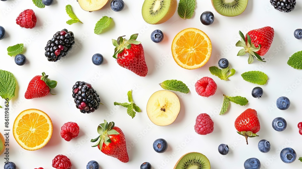 Poster assorted ripe fruits and vibrant berries placed in an appealing pattern on a clean white surface