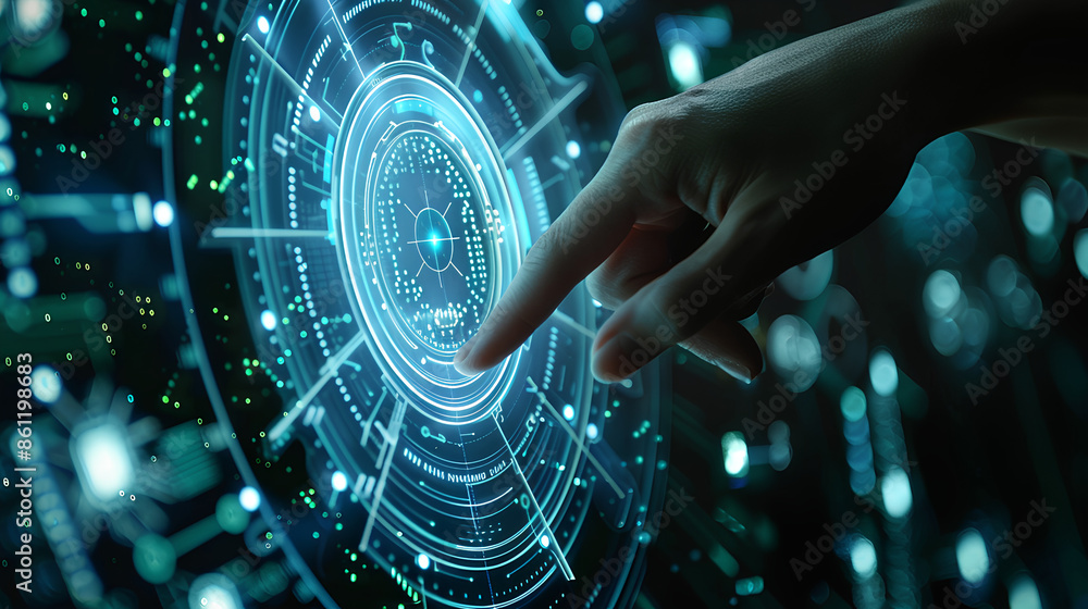 Poster technology abstract background with person hand touching complex circular diagram on virtual screen 
