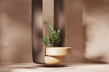 3D rendering brown platform podium with plant leaves product presentation background	
