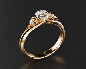 Gold Diamond Ring Isolated On black Background, 3D Rendering.	
