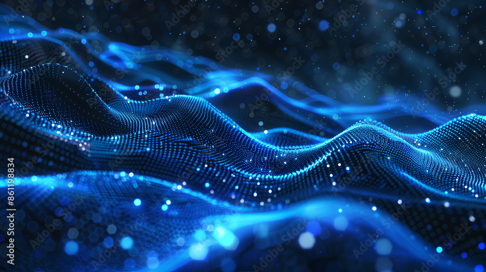 Poster technology digital wave background concept.beautiful motion waving dots texture with glowing defocus