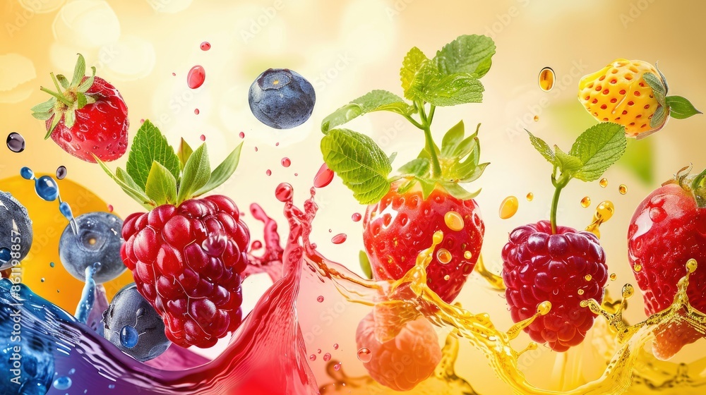 Poster berries of different types falling into refreshing splashes of colorful juice