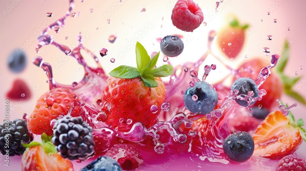 Poster berries of different types falling into refreshing splashes of colorful juice