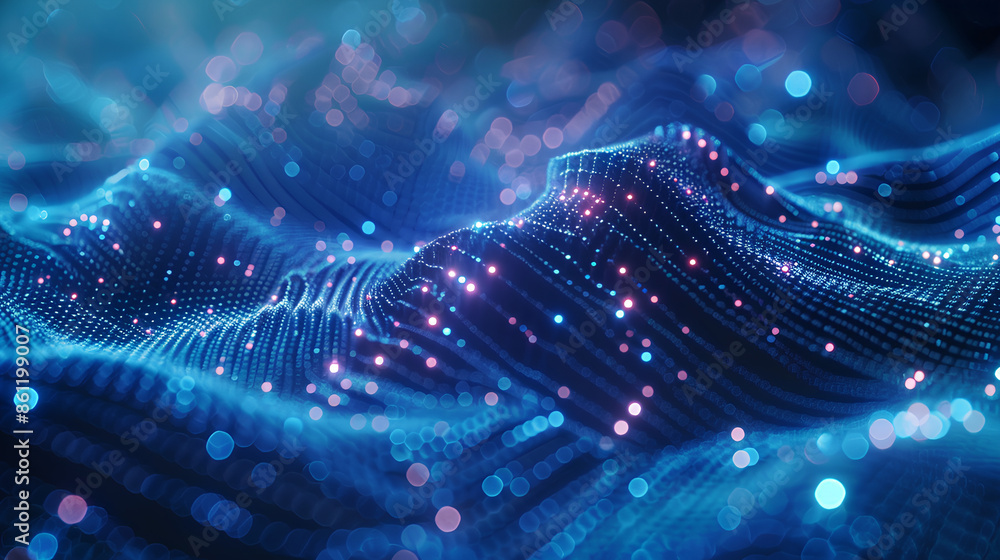 Poster technology digital wave background concept.beautiful motion waving dots texture with glowing defocus