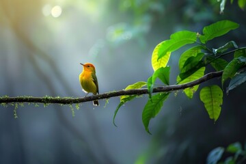 Fototapeta premium Wild bird perched on a branch Afternoon in the rainforest Phu Khiao Wildlife Sanctuary