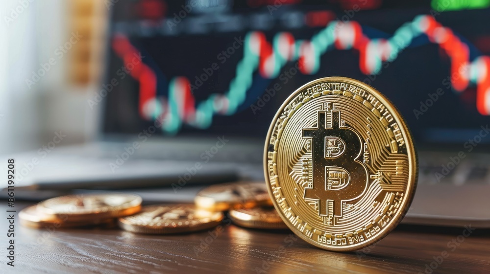 Poster bitcoin coin on a desk with a rising price chart on a monitor in the background