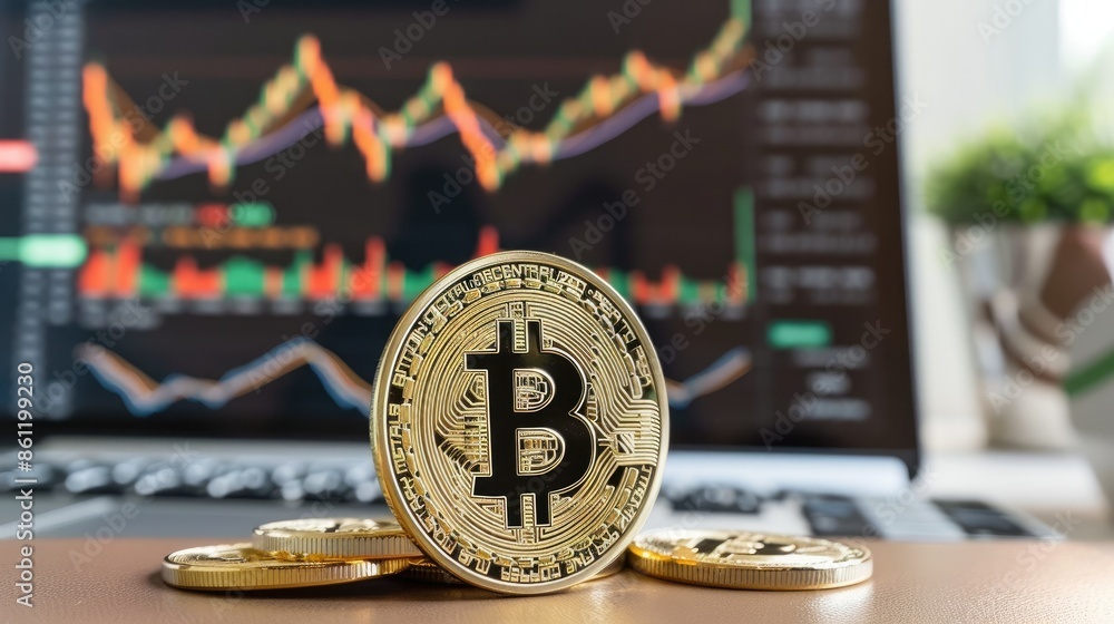 Poster bitcoin coin on a desk with a rising price chart on a monitor in the background