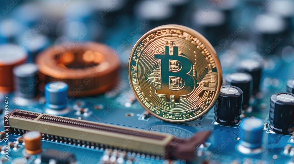 Poster bitcoin coin placed on a computer motherboard, illustrating the connection between crypto and techno