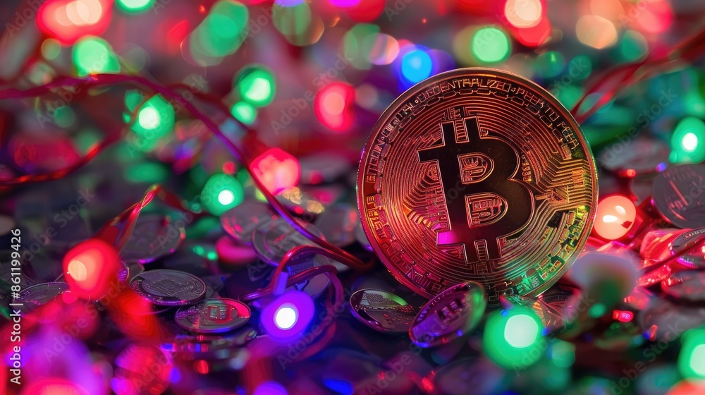 Aufkleber bitcoin coin surrounded by colorful led lights, representing the dynamic world of cryptocurrency